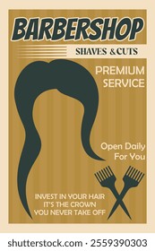 Barbershop retro poster with man beard and mustaches, vector