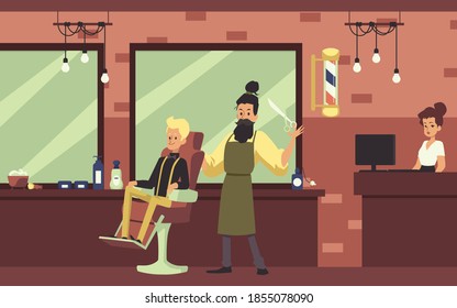 Barbershop unhöfliches Interieur mit Mauern aus Ziegelsteinen und arbeitendem barbernen Cartoon-Charakter, flache Vektorgrafik. Männlicher Friseur und Friseur mit Gäste und Personal.