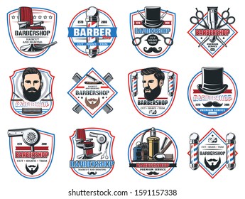 Barbershop salon, gentleman and hipster barber shop hairdresser premium signs. Vector icons of beard and mustaches, barber shop chair, shaving razor blade, hair comb and barber scissors