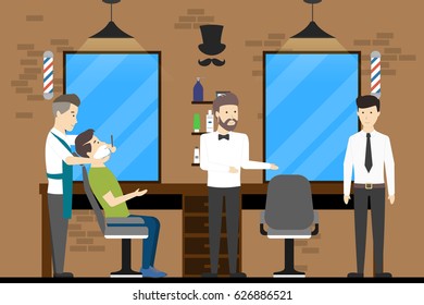 Barbershop salon inside. Male hairdressers with visitors. Shaving beard. Chairs with mirrors.