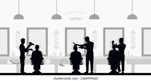 Barbershop Salon Interior. Black Silhouette Scene Of Barber Shop. Haircut Master With Customer. Men Fashion Service. Hairdresser At Work. Man Stylish Club. Vector Illustration