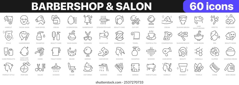 Colección de iconos de línea de peluquería y salón. Corte de pelo, spa, belleza, peine, iconos de secador de pelo. Conjunto de iconos de interfaz de usuario. Paquete de iconos de contorno delgado. Ilustración vectorial EPS10