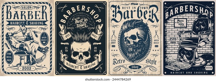 Barbershop salon monochrome set stickers with barber cutting patient hair near brush for applying shaving foam vector illustration