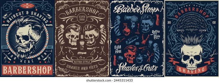 Barbershop salon set posters colorful with skulls and hair cutting accessories for design of magazines about hairdressing industry vector illustration