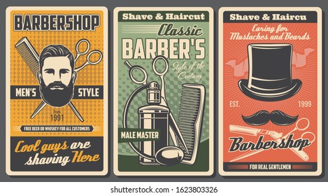 Barbershop salon, shaving, cutting and trimming service. Vector bearded man portrait, crossed brush and scissors, retro cologne perfumes. Shave and haircut, vintage hat and mustaches, men styling shop