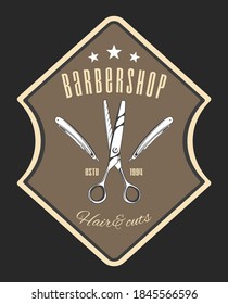 Barbershop salon wooden signboard with inscription hair cuts, closed razor and scissors. Barber shop logotype, emblem with dangerous blade. Hairdresser advertising board, vintage barbershop label