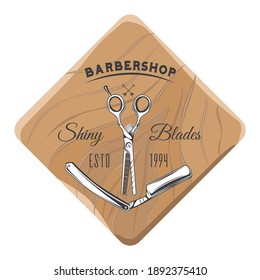 Barbershop salon wooden signboard with inscriptions, opened razor and scissors. Barber shop logotype, emblem with opened dangerous blade. Hairdresser advertising board, vintage barbershop label