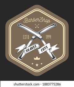 Barbershop salon wooden signboard with letterings, crossed razors and tape with inscriptions shaves cuts. Barber shop logotype, emblem with opened dangerous blade. Hairdresser advertising board