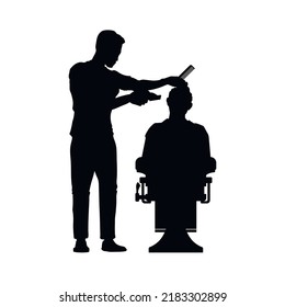 Barbershop scene. Hairdresser black silhouette. Isolated men's haircut stylist. Barber salon indoor. Man fashion service. Beard master with hair clipper. Vector illustration
