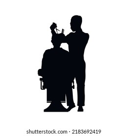 Barbershop scene. Hairdresser black silhouette. Isolated men's haircut stylist. Barber salon indoor. Man fashion service. Beard master with scissors. Vector illustration