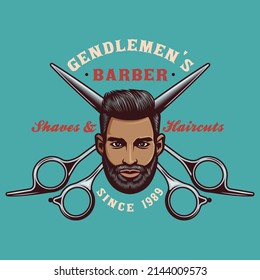 barbershop scissors with beard man head and hair cut emblem