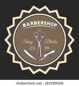Barbershop scissors, razor blade, shiny blades. Decoration elements, arrows, circle. Old black and brown poster isolated. Vintage barbershop lettering for signboard, label, sticker, poster, logo