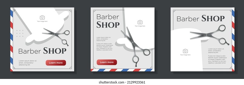 Tijeras de barbería tijeras de medios sociales, conjunto de pancartas, concepto clásico de publicidad de barbería vintage, peluquería de plaza de marketing, impresión abstracta, aislado en segundo plano.