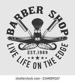 barbershop scissors and vintage shaving blade badge emblem
