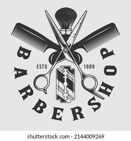 tijeras de barbershop y emblema de la placa de afeitado vintage