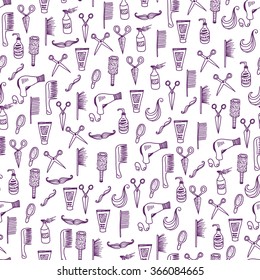 Barbershop seamless background with purple hand drawn hairdressing salon devices, 
barber tools