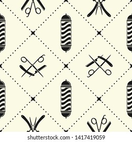 Barbershop seamless pattern with barber pole, hairdressing scissors and razor. Vector illustration.
