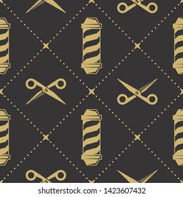 Barbershop seamless pattern with barber pole and hairdressing scissors. Vector illustration.