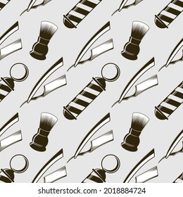 Barbershop seamless pattern with Barber pole, Shaving brush and Straight razor. Vector illustration