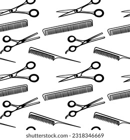 Barbershop seamless pattern, black on white repeating pattern. Print for men s barber shop. A set of accessories for men s hairdresser on white background.