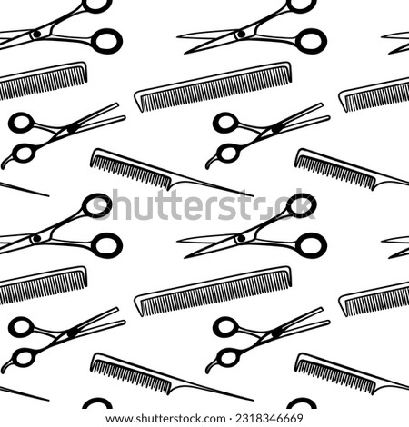 Barbershop seamless pattern, black on white repeating pattern. Print for men s barber shop. A set of accessories for men s hairdresser on white background.