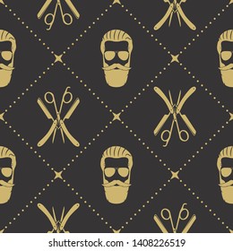 Barbershop seamless pattern with hipster face, hairdressing scissors and razor. Vector illustration.