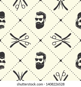 Barbershop seamless pattern with hipster face, hairdressing scissors and razor. Vector illustration.