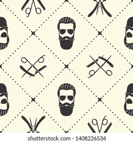 Barbershop seamless pattern with hipster face, hairdressing scissors and razor. Vector illustration.