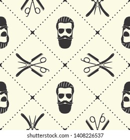 Barbershop seamless pattern with hipster face, hairdressing scissors and razor. Vector illustration.