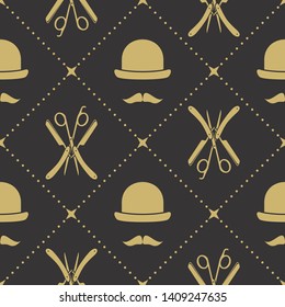 Barbershop seamless pattern with hipster face, hairdressing scissors and razor. Vector illustration.