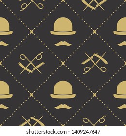 Barbershop seamless pattern with hipster face, hairdressing scissors and razor. Vector illustration.