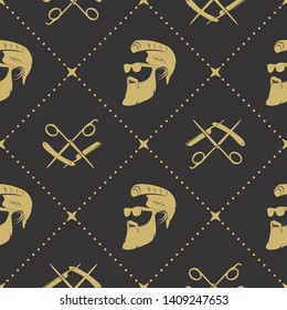 Barbershop seamless pattern with hipster face, hairdressing scissors and razor. Vector illustration.