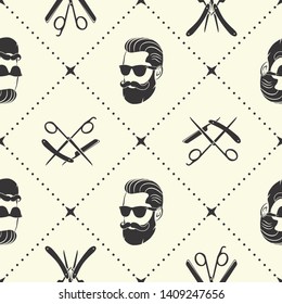 Barbershop seamless pattern with hipster face, hairdressing scissors and razor. Vector illustration.