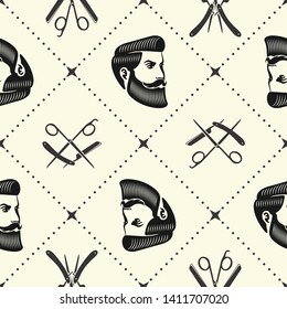 Barbershop seamless pattern with hipster face, hairdressing scissors and razor. Vector illustration.