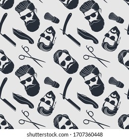 Barbershop seamless pattern with hipster face, hairdressing scissors and razor. Vector illustration.
