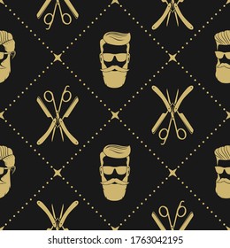 Barbershop seamless pattern with hipster face, hairdressing scissors and razor. Vector illustration.