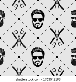 Barbershop seamless pattern with hipster face, hairdressing scissors and razor. Vector illustration.