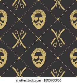 Barbershop seamless pattern with hipster face, hairdressing scissors and razor. Vector illustration.