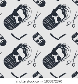 Barbershop patrón sin fisuras con cara hipster, tijeras de peluquería y cuchilla de afeitar. Ilustración vectorial.