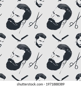 Barbershop seamless pattern with hipster face, hairdressing scissors and razor. Vector illustration	