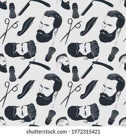 Barbershop seamless pattern with hipster face, hairdressing scissors and razor. Vector illustration