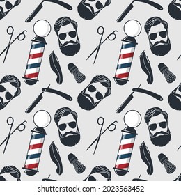 Barbershop seamless pattern with hipster face, hairdressing scissors and razor. Vector illustration	