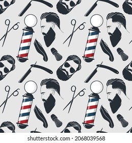 Barbershop seamless pattern with hipster face, hairdressing scissors and razor. Vector illustration	