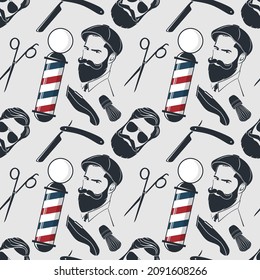 Barbershop seamless pattern with hipster face, hairdressing scissors and razor. Vector illustration