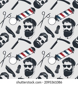 Barbershop seamless pattern with hipster face, hairdressing scissors and razor. Vector illustration	