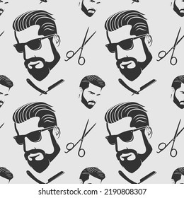 Barbershop patrón sin fisuras con cara hipster, tijeras de peluquería y cuchilla de afeitar. Ilustración del vector