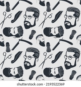 Barbershop seamless pattern with hipster face, hairdressing scissors and razor. Vector illustration	