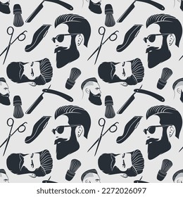 Barbershop seamless pattern with hipster face, hairdressing scissors and razor. Vector illustration