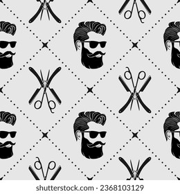 Barbershop patrón sin fisuras con cara hipster, tijeras de peluquería y cuchilla de afeitar. Ilustración del vector