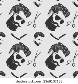 Barbershop seamless pattern with hipster face, hairdressing scissors and razor. Vector illustration